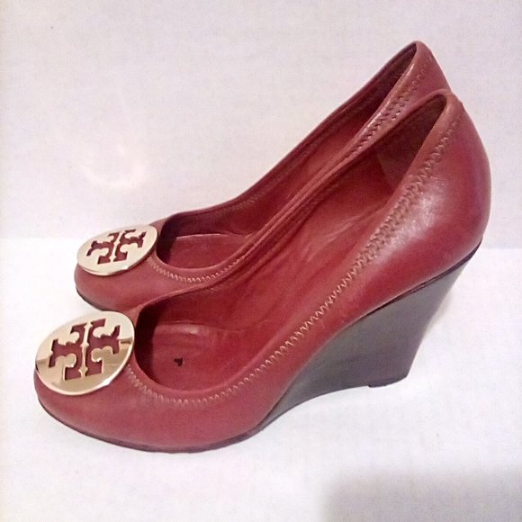 Tory Burch Shoes - Tory Burch Wedge Pumps 7M Dark Red Gold Detail Stacked Heel Leather Wood Rubber
